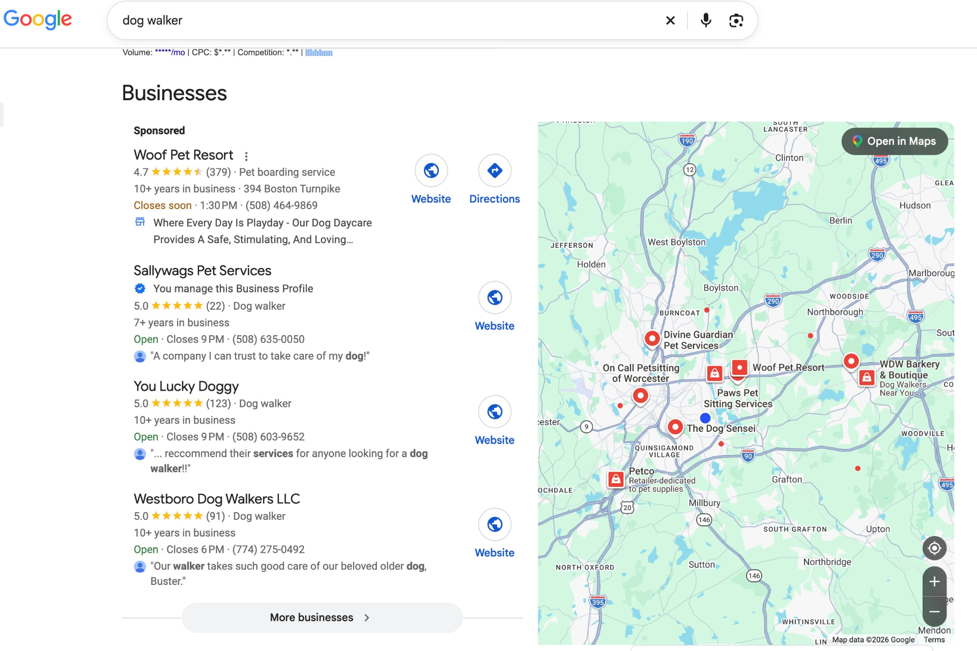 Google search results for 'dog walker' showing Sallywags Pet Services ranked as the top organic local business